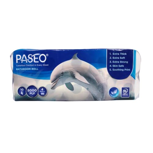 PASEO Dolphin 4-Ply Toilet Tissue Paper Roll | 10 Rolls, 200 Pulls, 800 Sheets each | Ultra Soft, Highly Absorbent & Gentle on Skin | OBA Free | 100% Virgin Paper