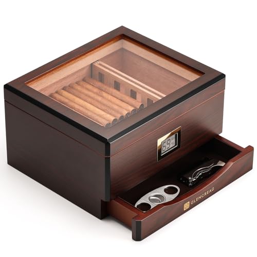 GLENCREAG MMT-3041 Cigar Humidor Box for 55 Counts, See-Through Design with Spanish Cedar Lining & Divider, Digital Hygrometer, Accessory Drawer & Humidifier, Gift for Cigar Aficionado