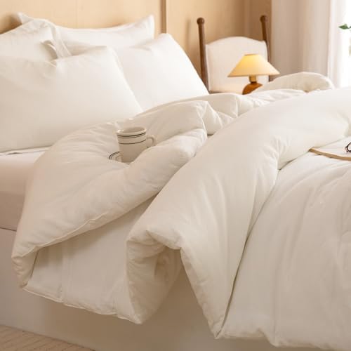 Image of Cyusri Cotton Solid Full Comforter Set - Soft Lightweight Bedding 3 Pieces Dyed Bed Set with 2 Pillow Shams,Reversible All Season Farmhouse Down Alternative(Full Size 80 inchx90 inch White)
