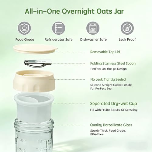 Image of Overnight Oats Containers with Lids and Spoon 2 Pack, 16oz Leakproof Glass Oat Over night Jar with Seperate Compartment for Fruit & Nuts, Mason Jars for Oatmeal Yogurt Chia Seed Pudding Meal Prep