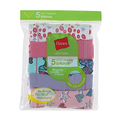 Hanes Ultimate Girls' Underwear, Cotton Stretch Panties, Briefs, Bikinis, & Hipsters, 5-Pack, Pastel Print Assorted, 82
