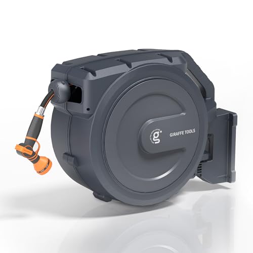 Giraffe Tools AW30 Retractable Garden Hose Reel 5/8inch x 62ft Hose Reels for Outside, with 9- Function Sprayer Nozzle, Any Length Lock/Slow Return System/Wall Mounted/180°Swivel Bracket