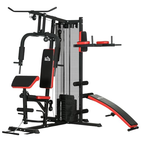 SPORTNOW Máquina de Multiestación Ajustable Multiestación de Musculación con Placas de Peso de 45 kg Carga MAX. 110 kg para Entrenamiento Fitness en Hogar Gimnasio 225x175x200 cm Negro
