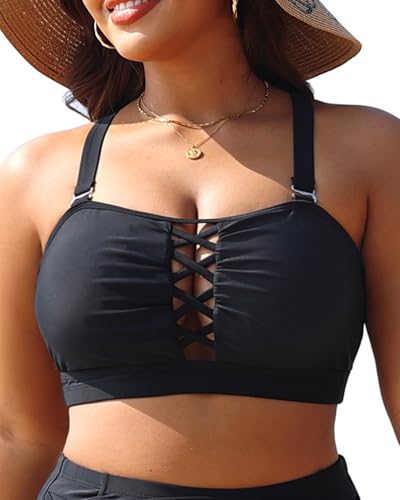Plus Size Bikini Swimsuit Top - Women Bandeau Swim Top Lace Up Bathing Suit Bra for Large Bust Swimwear Black 20 Plus