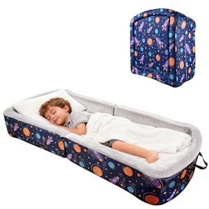 Portable Toddler Travel Bed Foldable Toddler Bed with Washable Cover Toddler Floor Beds for Home,Travel & Camping, Soft Foam Kids Cots for Sleeping, for Kids Aged 18M+, No Assembly, Blue
