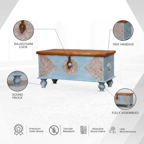 Image of Devin Wooden Trunk Box for Storage | Solid Wood Coffee Table for Living Room | Center Coffee Table with Storage | Front Wooden Carved Sandook Pitara for Home Decor & Bedroom (Blue Distress)