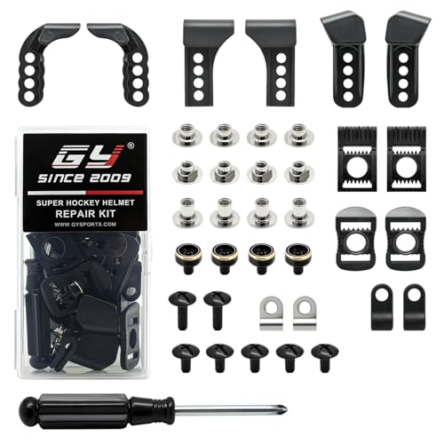 GY Hockey Helmet Repair Kit 38 Pcs - Universal Replacement J Clips/Bolts/Screwdriver/Nuts & Cage Fix Parts for Bauer & Other Ice Hockey Helmets - Includes Toolbox (38)