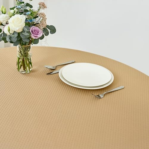 Image of maxmill Round Weaved Texture Design Tablecloth Spill-Proof Wrinkle Free Soft Washable Table Cloth for Circular Table Cover, for Dining Room Buffet Banquet Parties Holiday Dinner, 70 Inch Beige