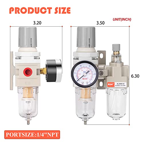 Image of RIH Pneumatics Compressed Air Filter Regulator Lubricator Combo Water /Oil Trap Separator - Gauge(0-150 psi), Semi-Auto Drain, Poly Bowl,Bracket - 3 in 1 Two Unit (1 /4 inch NPT)