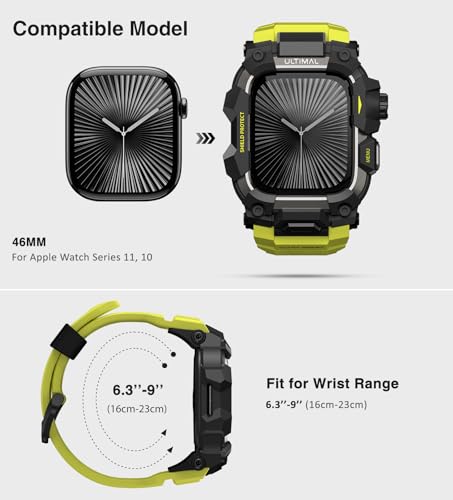 Image of ULTIMAL Rugged Case with Band for Apple Watch 46mm,Compatible with Apple Watch Series 11 /10, Military Grade Shockproof Bumper Cover for iWatch Tactical Band Men (46mm,Fluorescent Green)