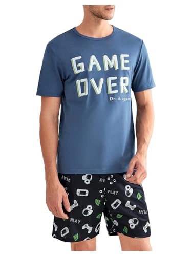 Image of Verdusa Men's Pajamas Set 2 Piece Pjs Sets Short Sleeve Letter Print Tee and Short Lounge Set