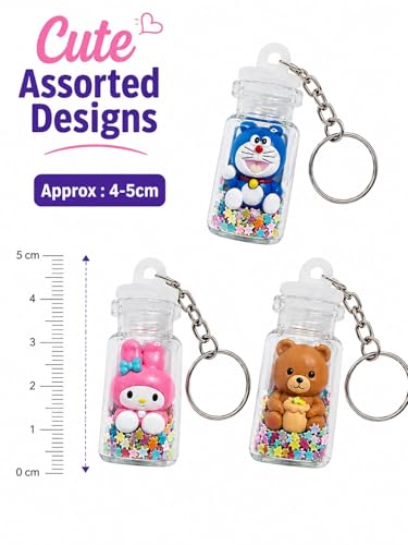 Image of Decorative Mini Bottle Keychain Set - Rubber Cartoon Character with Glitter Stars Design, Cute Hanging Bag Charm Keyring (Pack of 3, Assorted Designs)
