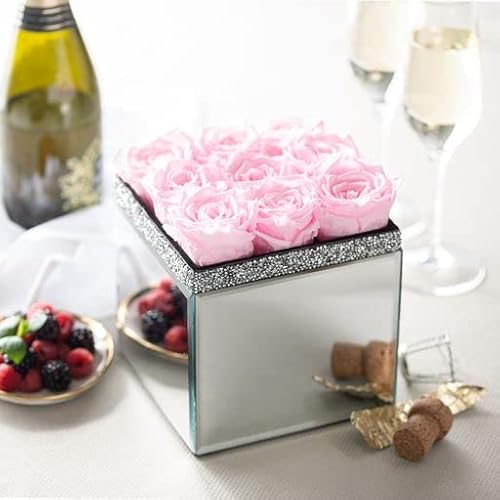 Soho Floral Arts | Large Mirrored Vase Pave Accent | Genuine Roses That Last For Years | Forever Roses In A Box (9Ct. Radiant Pink) | Mothers Day Gifts #TOP4