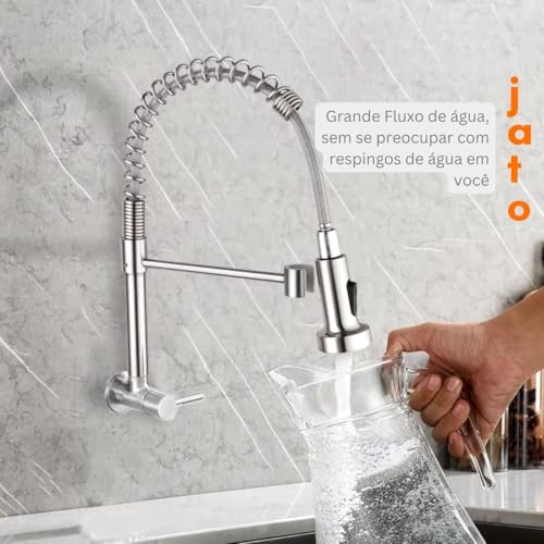 Torneira de Cozinha, Monocomando Gourmet, de Parede c/Mangueira Aço Inox Cromado Fosco, Arejador de