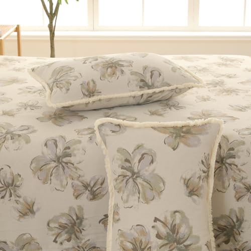 Image of Story@Home King Size Bedcover Set | 400 TC Microfiber Bedding Set with 1 Duvet Cover 1 King Bedsheet 270 x 250 cm & 2 Pillow Covers | Soft Durable Duvet Cover Set Floral Pattarn | Beige Green
