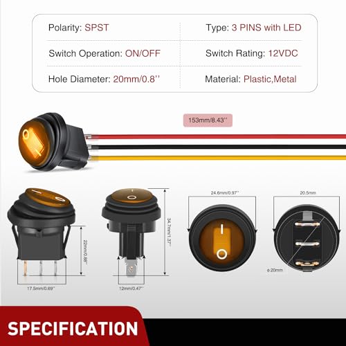 Image of Nilight 5Pcs Round Rocker Toggle Yellow LED with Locked Terminal Wires