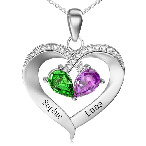 Easycosy Regalo Dia de la Madre, Collar Personalizado con Nombre Grabado, Colgante de Corazón con Piedras de Nacimiento, Collar de Mujer en Plata 925, Idea Regalo para Mamá, Mujer, Pareja, Amigo
