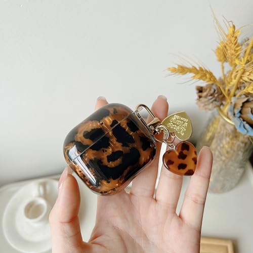 Image of MINSCOSE for Cool Glitter AirPods 4 Case,Amber Tortoise Leopard Shell Pattern Aesthetics Design with Trendy Heart Shaped Keychain,Soft TPU Protective Cover with Cleaner Kit for AirPods 4-Black