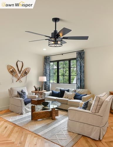 Image of Dawn Whisper 52 Inch Farmhouse Ceiling Fans with Lights and Remote Quiet and Reversible DC Motor Black Industrial Rustic Caged Ceiling Fan for Bedroom Living Room Covered Patio (12-Black)