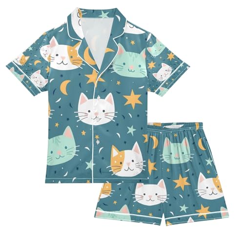 senya Cute Cat Face and Stars Satin Summer Pajama Sets Silk Short Sleeve Button Down Sleepwear