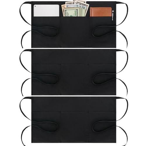 Image of BOHARERS Cotton Server Aprons 3 Pack Waiter Waitress Apron Short Apron with Pockets Restaurant BBQ 12 Inch Black