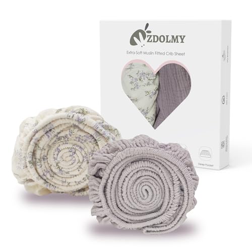 Image of Zdolmy Muslin Crib Sheets for Girl Boy, 2 Pack 100% Cotton Crib Sheet for Standard Crib Mattress(28"x 52"), Fitted and Soft Breathable Crib Mattress Sheet, 360° Wrapping (Blossom & Purple)