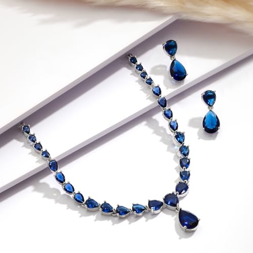Image of Rubans Necklace Set Rhodium Plated Crystal Studded Jewellery Gift for Women & Girls