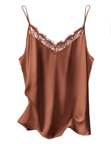 Image of Ekouaer Women's Satin Camisole Lace Silk Satin Pajama Tank Tops V Neck Soft Spaghetti Strap Loose Sleepwear Clay M