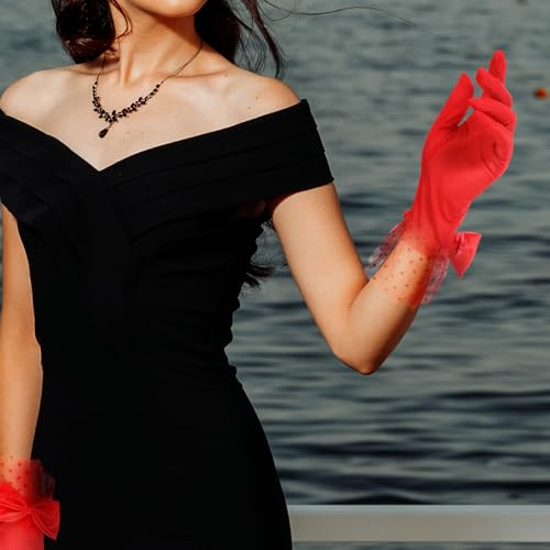 Short Tea Party Gloves Women Lace Gloves Red Bow Lace Glove Sun Protection Elegant Accessories for Tea Party Funeral Opera Evening Bridal3