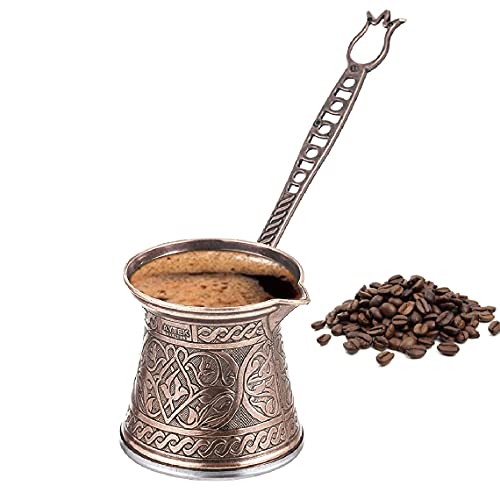 Turkish Coffee Pot, Moka Pot, Espresso Maker for the Stove Top, Camping Coffee Pot, Handmade Greek Arabic Coffee Warmer Cezve with Brass Handle, Stainless Steel Inside (Small 8 oz, Copper)