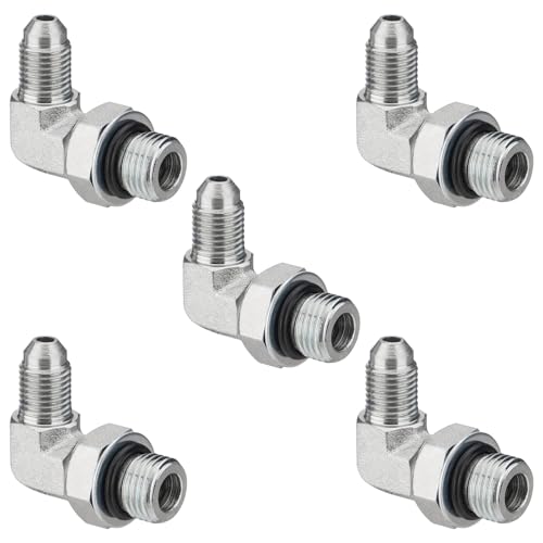 Image of 5 Pack 90 Degree Elbow Hydraulic Adapter Fittings: 1 /4 inch JIC 37 Male x #6 SAE /ORB Male, Hydraulic Hose End Connectors with Protection Cover - 6801-04-06