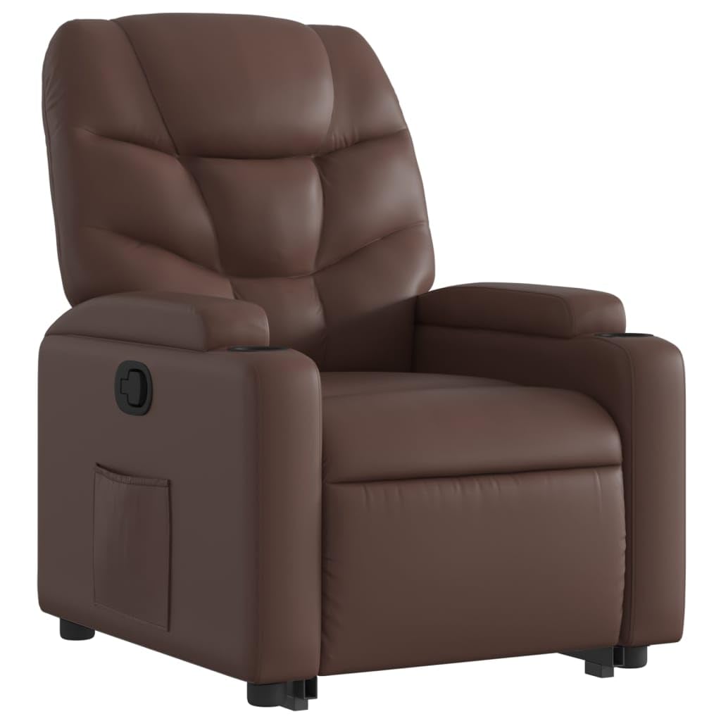 Fotel relaksacyjny z funkcją wspomagania wstawania, brązowy, sztuczna skóra, regulowany i obrotowy, do salonu, sypialni, biura, lounge, z uchwytami na kubki i kieszenią boczną