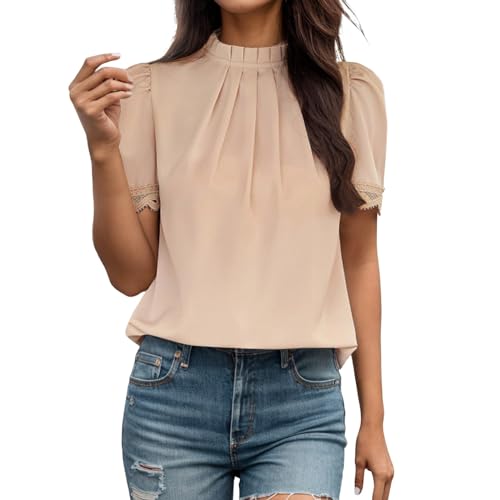 Blusen Tuniken für Damen Elegant Falten Stehkragen T-Shirt Oberteile Sommer lockeres Puffärmeln Blusenshirt Khaki M