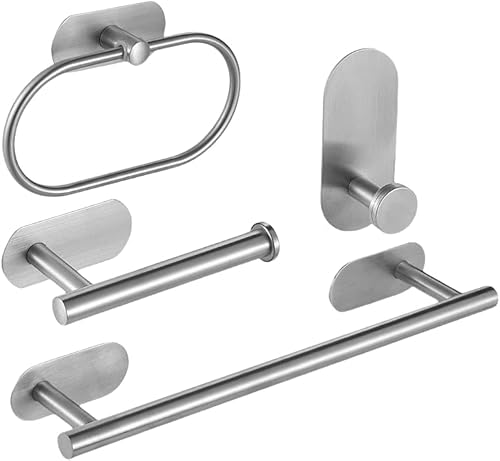 مجموعة إكسسوارات حمام 4 قطع – حامل مناشف، حلقة منشفة، خطاف رداء، حامل ورق تواليت – لاصقة بدون حفر، تصميم عصري من الفولاذ المقاوم للصدأ SUS304، متينة وعملية (فضي)