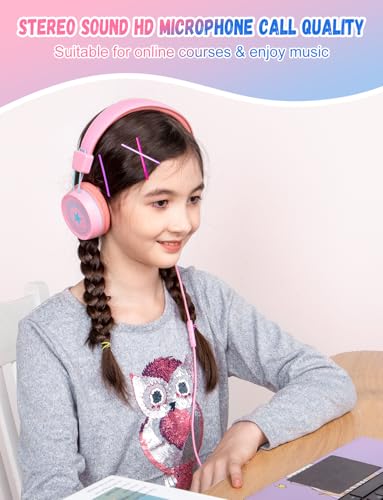 Image of New Bee 2 Pack Kids Headphones with Microphone, 85dB /94dB Safe Volume Limited Childrens Headset, Foldable Wired Toddler Headphones Over Ear for School Travel Mac /Android /Kindle /Tablet /Pad Blue Pink