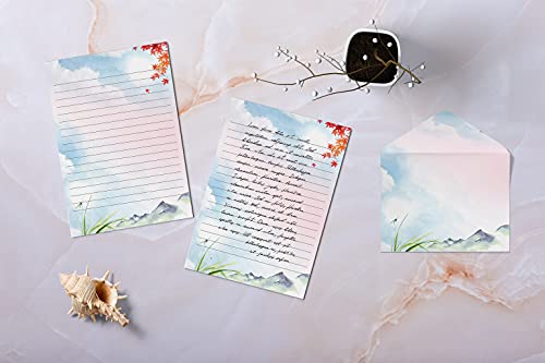 Mini Stationery Set Of 100, Japanese Stationery Paper (50 Lined Sheets + 50 Matching Envelopes), 5.5 X 8.25 Inch, 9 Designs, Double Sided Printing, One Side Lined Paper, By Better Office Products #TOP2