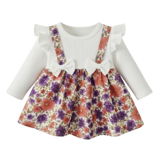 Image of A.T.U.N. (ALL THINGS UBER NICE) Baby Girls Poly Silk Frock with Bow Straps & Ruffle Sleeves | Stylish Printed Winter Dress for Kids | Cute Long Sleeve Party Frock