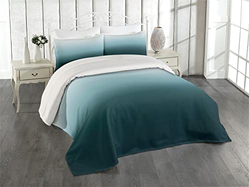 Ambesonne Ombre Coverlet, Vertical Change Themed Illustration with Teal Shades Darkening Design, 3 Piece Decorative Quilted Bedspread Set with 2 Pillow Shams, Queen Size, Teal Pale Blue and White