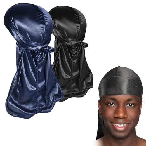 2Pcs Durag de Seda, Gorro Bandanas Piratas, Pañuelos de Cabeza Turbante con Cola Extra Larga y Correas Anchas para Hombres y Mujeres Decoración Diaria de Hip-Hop (Negro+Azul Marino)