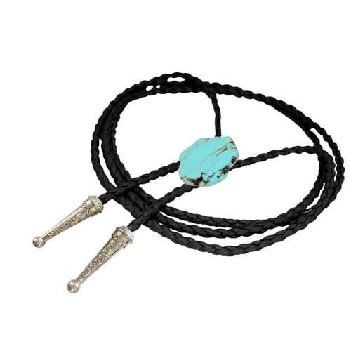 Image of Daisy Del Sol Bolo Tie Turquoise Stone Braided Vegan Faux Leather Silver Tips Handmade Necklace Adjustable Boho Western Jewelry