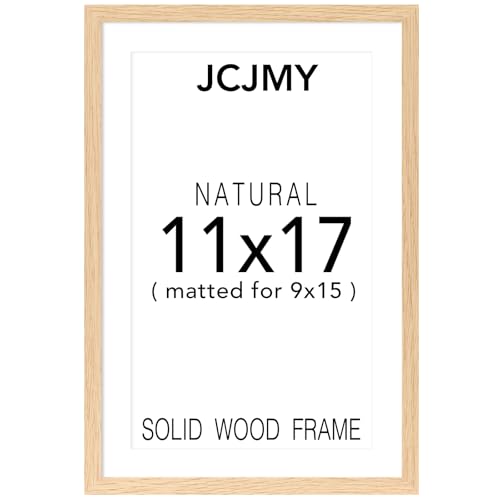JCJMY 11x17 Solid Wood Picture Frame Display 9x15 with Mat or 11 x 17 without Mat Wooden 11 by 17 Photo Frame with Shatter Resistant Plexiglass for Wall Hanging 1 Pack Natural