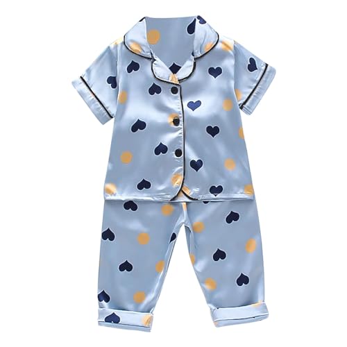 Toddler Boys Girls Silky 𝐏a𝐣ama Set Button-Down 𝐏𝐣s Short Sleeve with Long Pants 𝐒lee𝐩wear Heart Print 𝐋oun𝐠ewear