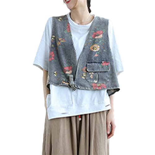 Chaleco vaquero floral suelto para mujer di adiós al calor con este diseño retro escote V