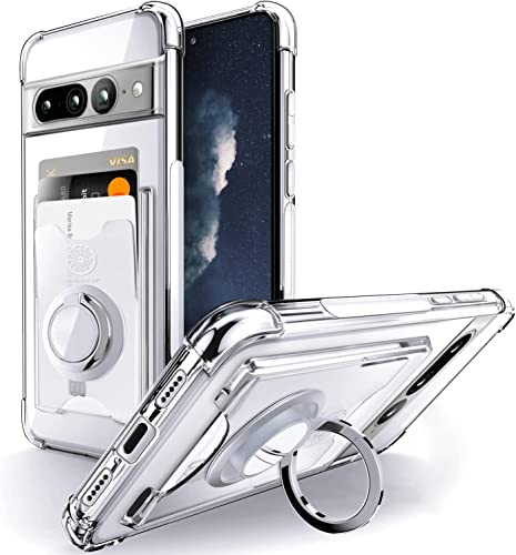 SHIELDS UP Designed for Pixel 7 Pro Case, Minimalist Wallet Case with Ring Kickstand and Card Holder, Transparent Slim Shockproof TPU Bumper Cover for Google Pixel 7 Pro - Clear