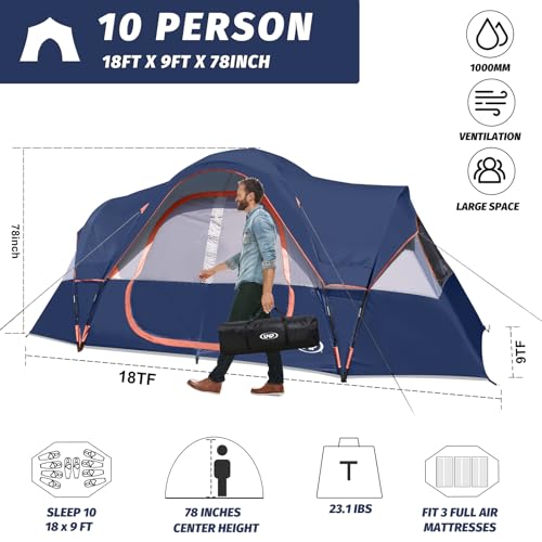 UNP Camping Tent 10-Person-Family Tents, Parties, Music Festival Tent, Big, Easy Up, 5 Large Mesh Windows, Double Layer, 2 Room, Waterproof, Weather Resistant, 18ft x 9ft x78in2
