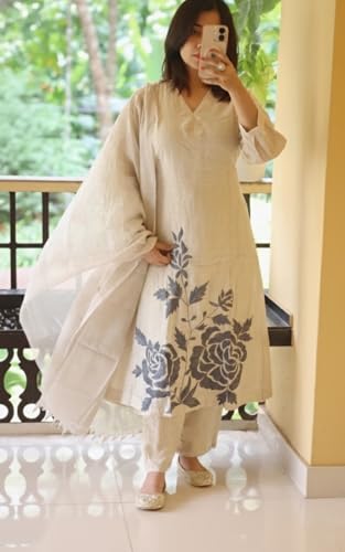 Image of ANNI Designer Women Poly Cotton Straight Printed Kurti Pant Dupatta Set | Ethnic Wear | V Neck | 3 /4 Regular Sleeves | Casual Office Festive Outfit