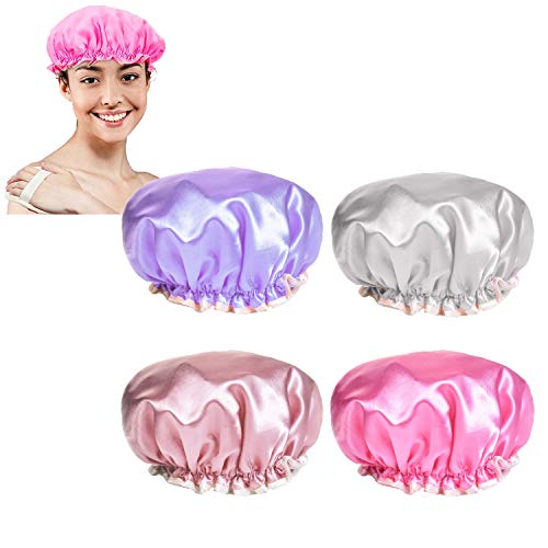 Shower Caps Bath Caps + Loofah, Perfect for Women and girls Most Hair Lengths and Thicknesses - Waterproof - Double Layer, Upgraded Version Reusable Salon Spa Hair Bonnet (5 Pack)