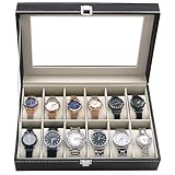 ATPEAM Boîte à Montres 12 Emplacements, Coffret à Montres en Cuir avec Couvercle en Verre, Rangement pour Montres Homme, Cadeau Élégant pour Homme