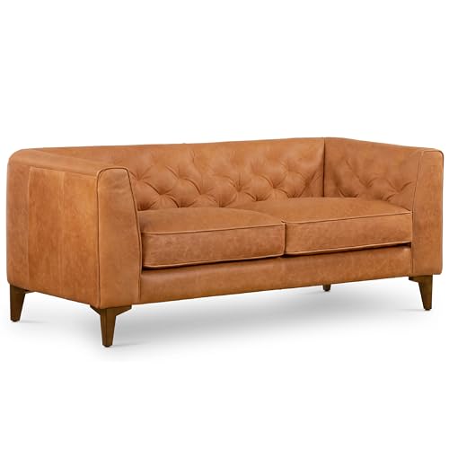 Image of Poly & BARK Essex 74 inch Leather Apartment Sofa - Mid-Century Tufted Design, Full-Grain Italian Leather, Feather-Down Cushions, Cognac Tan