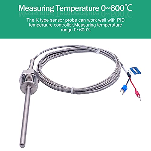 Twidec/2M Npt 1/2"Inch (6X100Mm) Pipe Thread Temperature Sensor Probe Two Wire Temperature Controller (0~600℃) 304 Stainless Steel K Type Thermocouple Mt-205-1/2 #TOP5